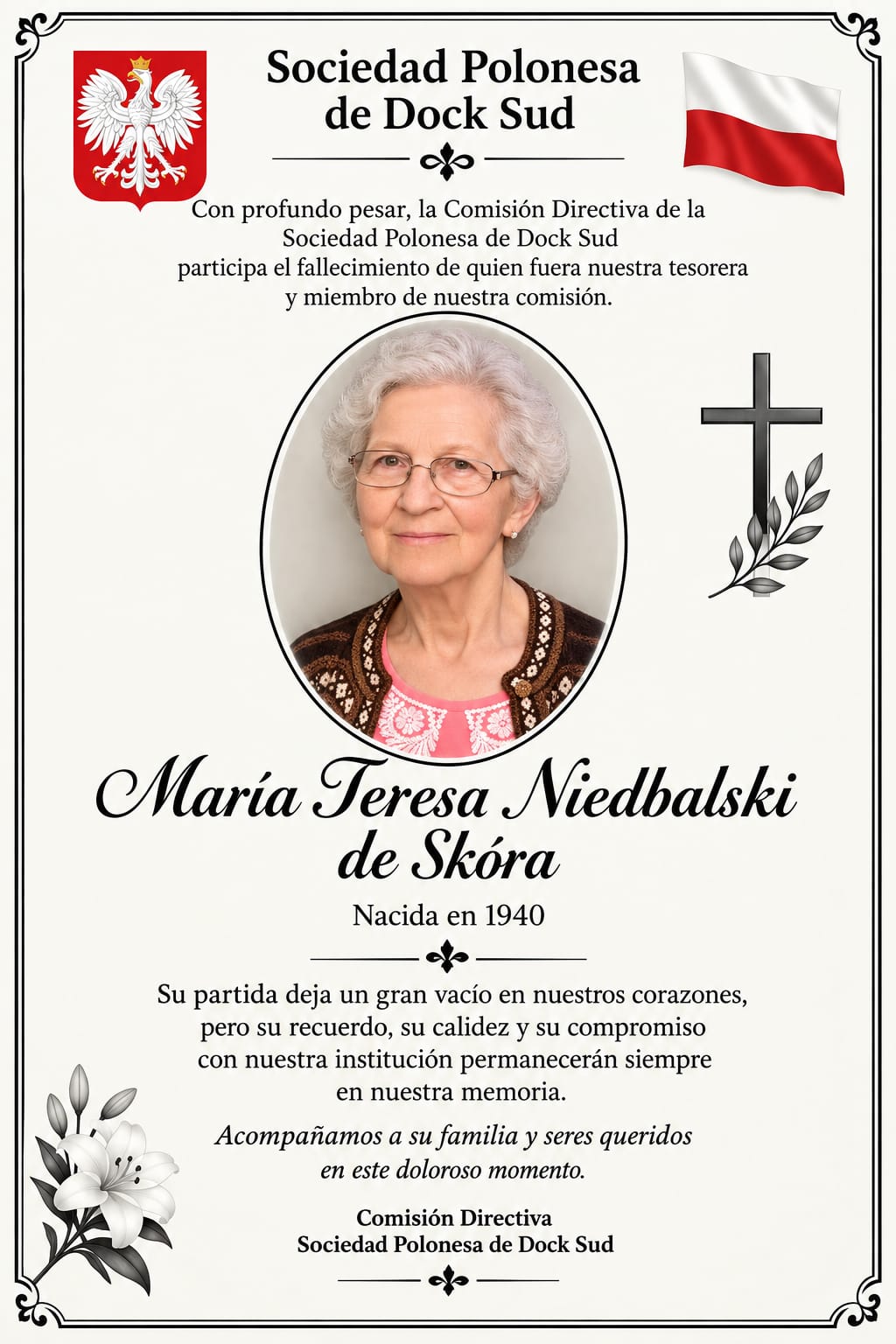 Fallecimiento de María Teresa Niedbalski de Skóra
